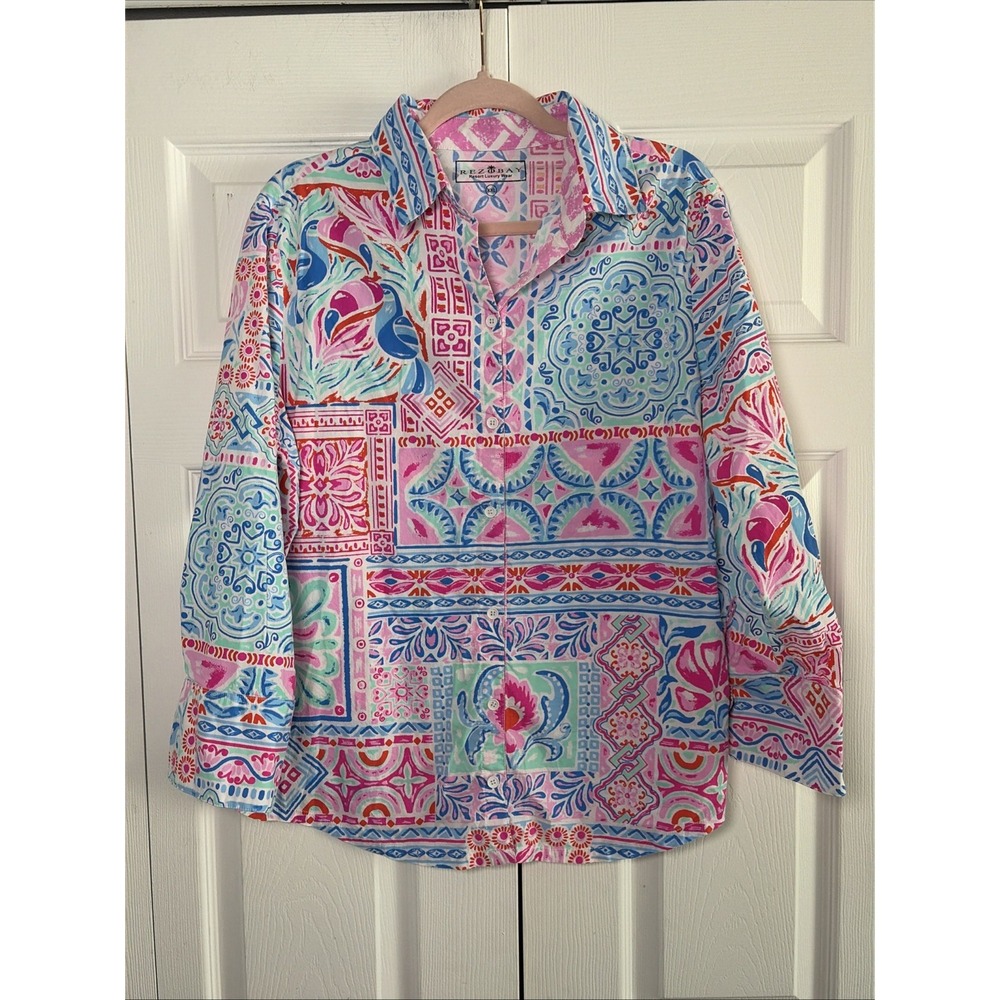 Rezobay Resort Luxury Wear Button Down Womens XXL Pink Patchwork Toucan